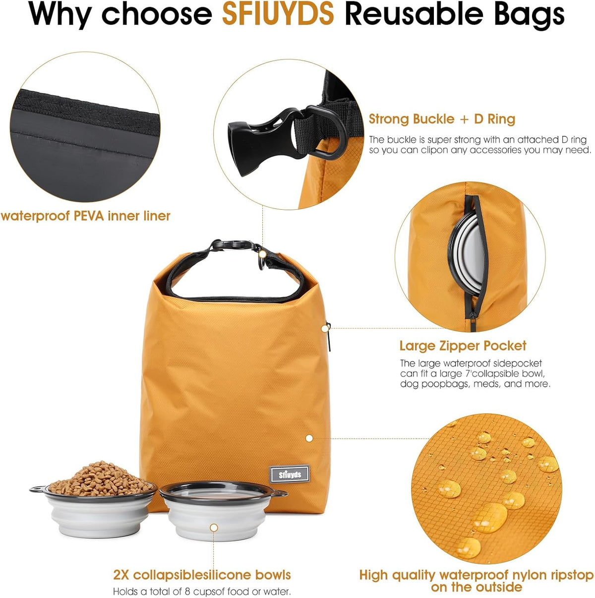 Dog Food Travel Bag w/2PCS Collapsible Dog Travel Bowls,dog food storage container 20 lb(Yellow