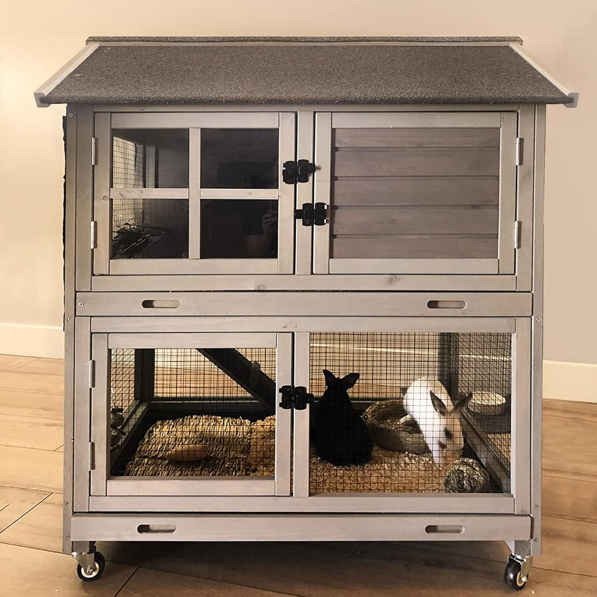 Rabbit Hutch Indoor Outdoor Bunny Cage Rabbit House with Movable Wire Netting, Guinea Pig Habitat