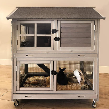 Rabbit Hutch Indoor Outdoor Bunny Cage Rabbit House with Movable Wire Netting, Guinea Pig Habitat