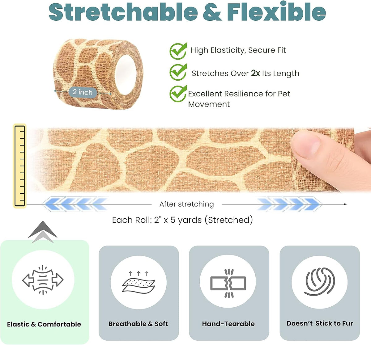 Pet Bandage 6 Rolls, Adhesive Bandage, Self Adhesive Bandage, First Aid Adhesive Gauze, for Horses