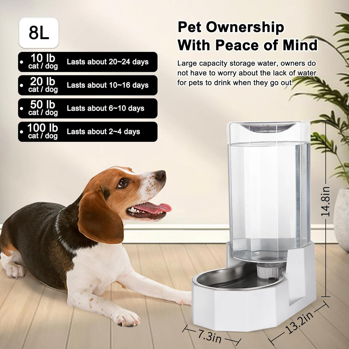 Sfozstra Large Dog Water Dispenser: 8L Automatic White Water Feeder with Stainless Steel Bowl