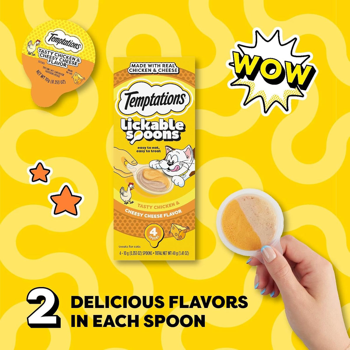 Temptations Lickable Spoons Adult Wet Cat Treat, Tasty Chicken and Cheesy Cheese Flavor, 4 Spoons