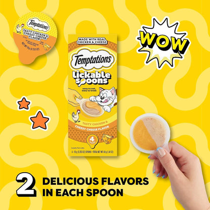 Temptations Lickable Spoons Adult Wet Cat Treat, Tasty Chicken and Cheesy Cheese Flavor, 4 Spoons