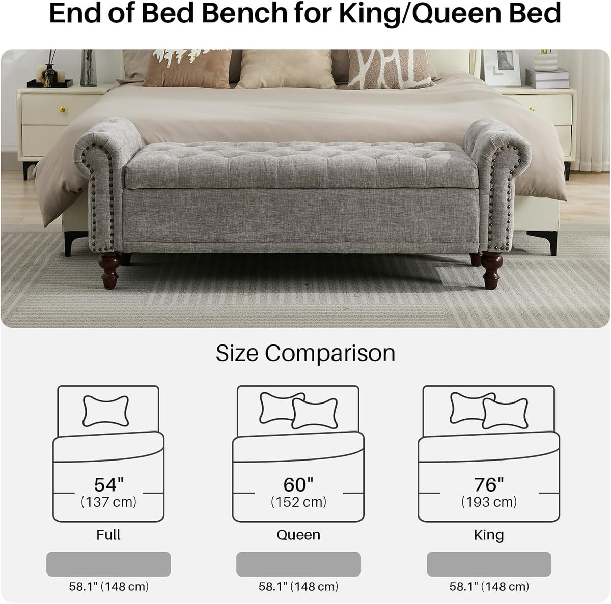 58.1'' Storage Bench Upholstered Chenille End of Bedroom Bed Bench Ottoman with Tufted Cushioned