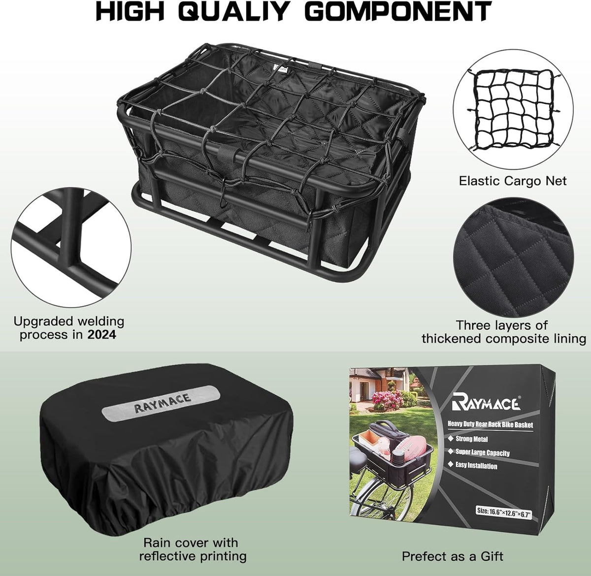 RAYMACE Rear Rack Bike Basket with Cargo Net and Liner Large Bicycle Basket Perfect Mount for