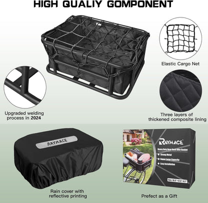 RAYMACE Rear Rack Bike Basket with Cargo Net and Liner Large Bicycle Basket Perfect Mount for