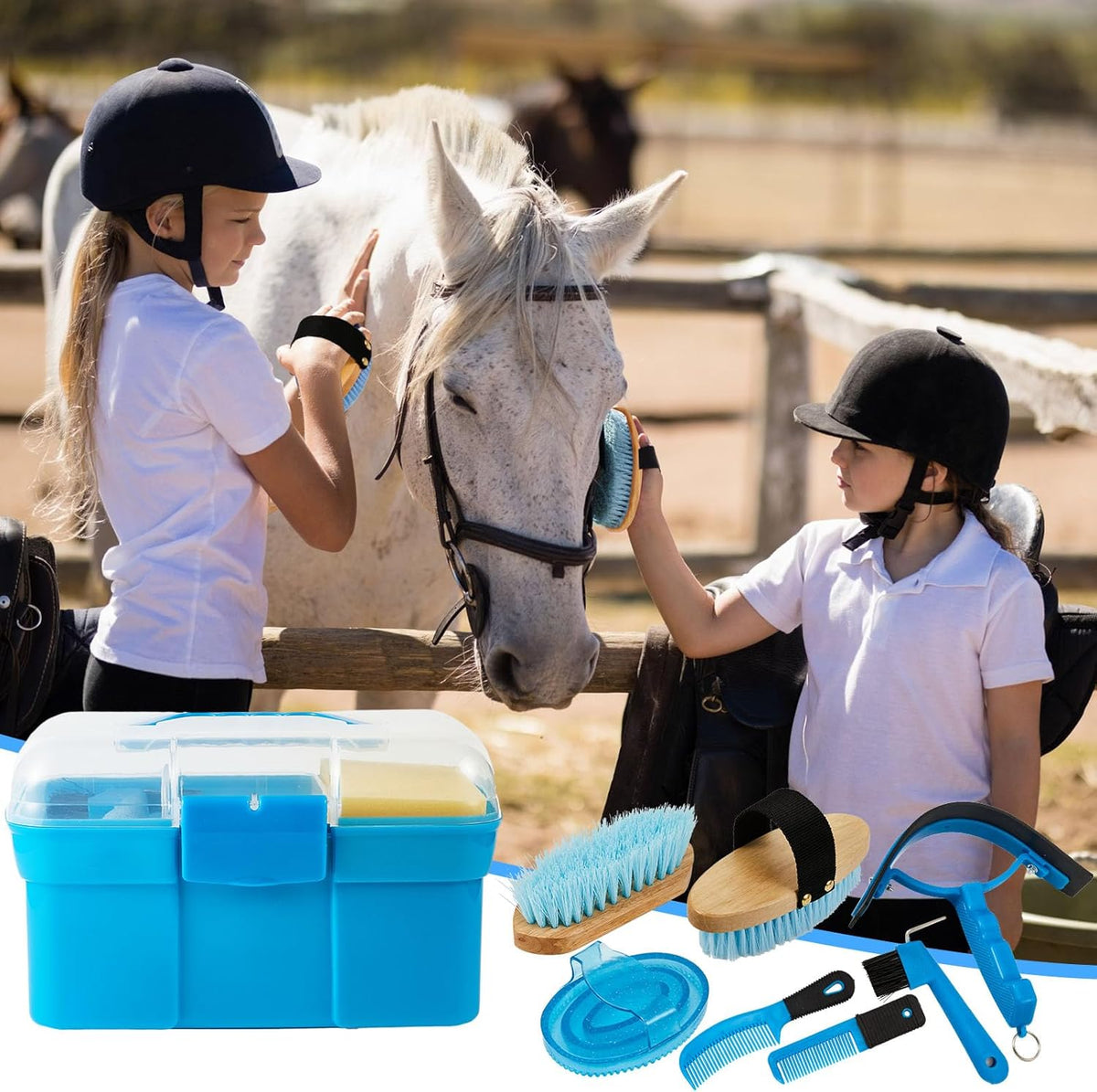 Cunhill 9 Pieces Horse Grooming Kit Tack Room Supplies Set with Organizer Tote Box, Oval Massage