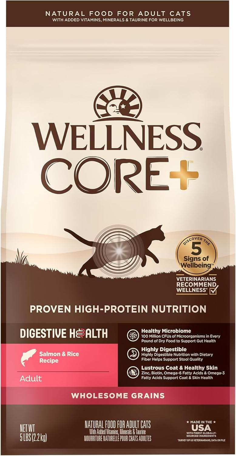 Wellness CORE+ Adult Dry Cat Food for Indoor and Outdoor Cats, Wholesome Grains, Natural, Digestive
