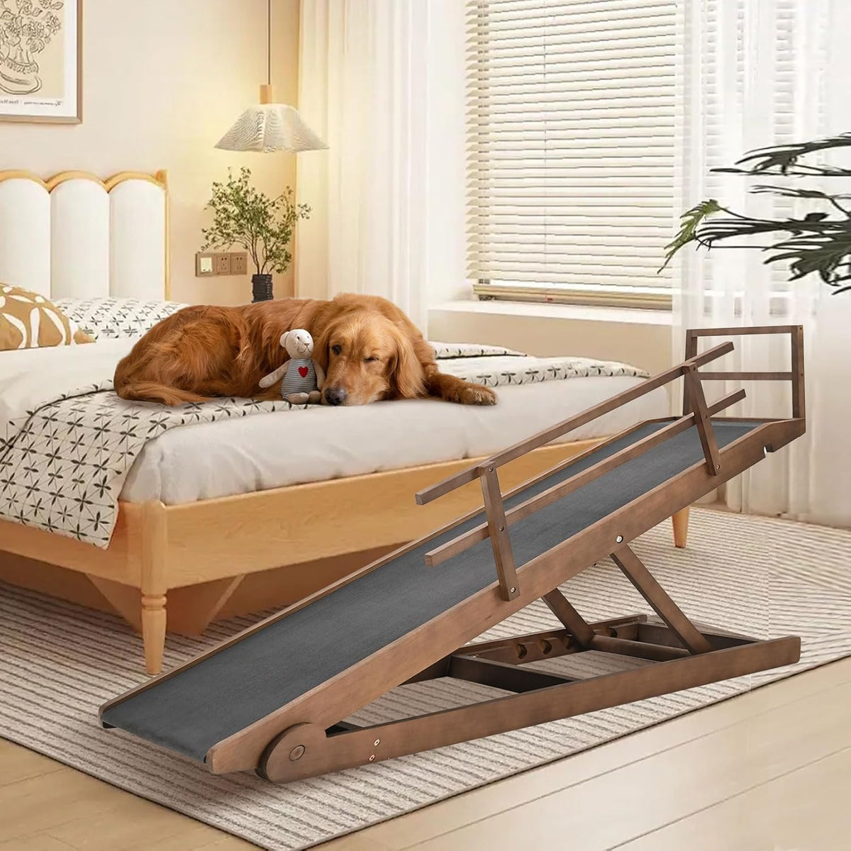 Dog Ramp, 5 Level Adjustable Height Folding Pet Ramp for High Bed, Portable Paw Ramps Large Bed