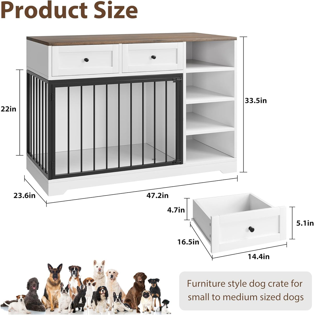 Dog Crate Furniture 47", Large Dog Crate TV Stand with 2 Drawers and 4 Shelves, Wooden Dog Kennel