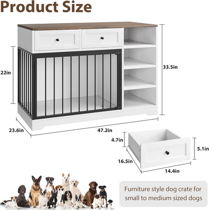 Dog Crate Furniture 47", Large Dog Crate TV Stand with 2 Drawers and 4 Shelves, Wooden Dog Kennel