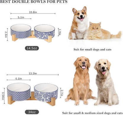 Selamica Ceramic 14 OZ Dog Bowls, Dog Food and Water Bowls with Wooden Stand, Anti-Slip Dog Dishes