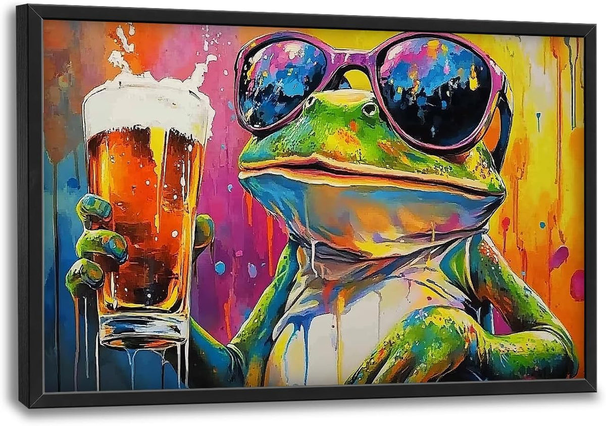 Large Graffiti Frog Wall Art for Living Room, Framed Oversized Funny Frog Beer Wall Decor Colorful