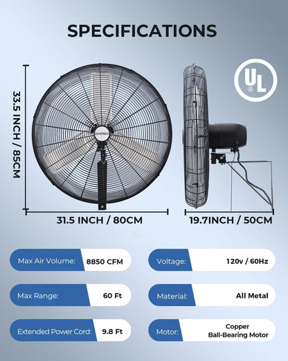30 inch Wall Mount Fan Oscillating, 3-Speed 8850 CFM High Velocity Industrial Wall Mounted Fan