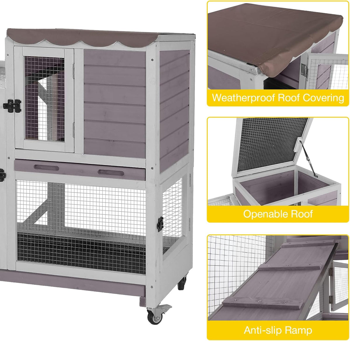 Aivituvin Rabbit Cage Indoor Outdoor Bunny Hutch on Wheels, 2 Story Wood Guinea Pig Cages with 2