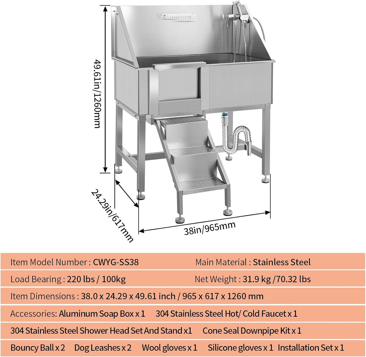 Dog Washing Station 38'' Stainless Steel Pet Grooming Tub for Large Dogs Over-Size Professional Dog
