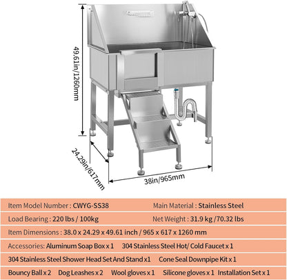 Dog Washing Station 38'' Stainless Steel Pet Grooming Tub for Large Dogs Over-Size Professional Dog