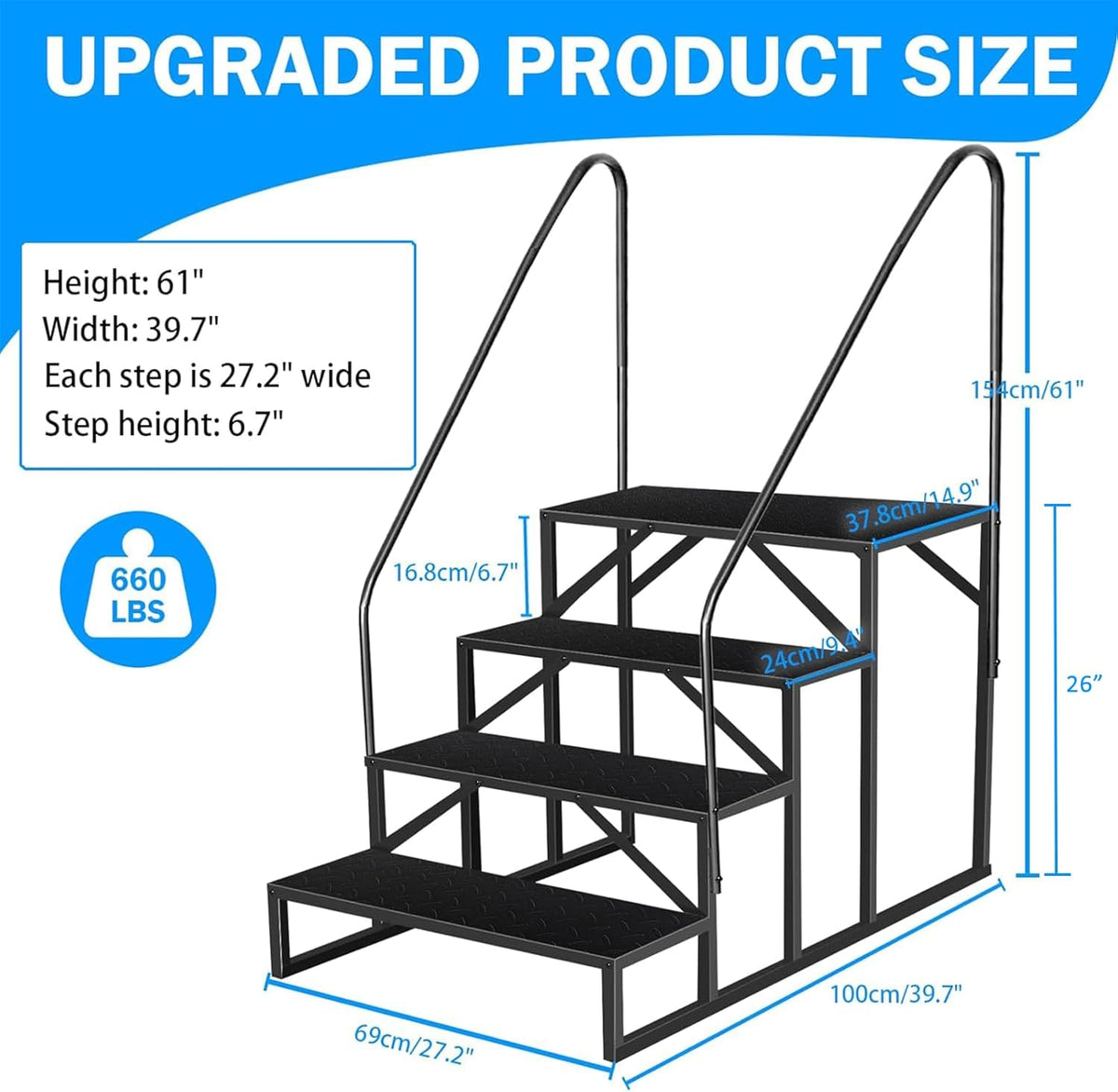 RV Step Stool, 4 Step Ladder, Hot Tub Steps with Handrail, Portable Pool Ladder, 660Lbs Heavy Duty