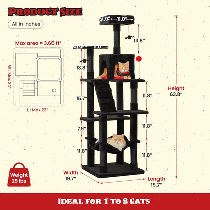 MWPO Gothic Cat Tree for Indoor Cats, 63.8 Inches Multi-Level Cat Tower with Sisal-Covered