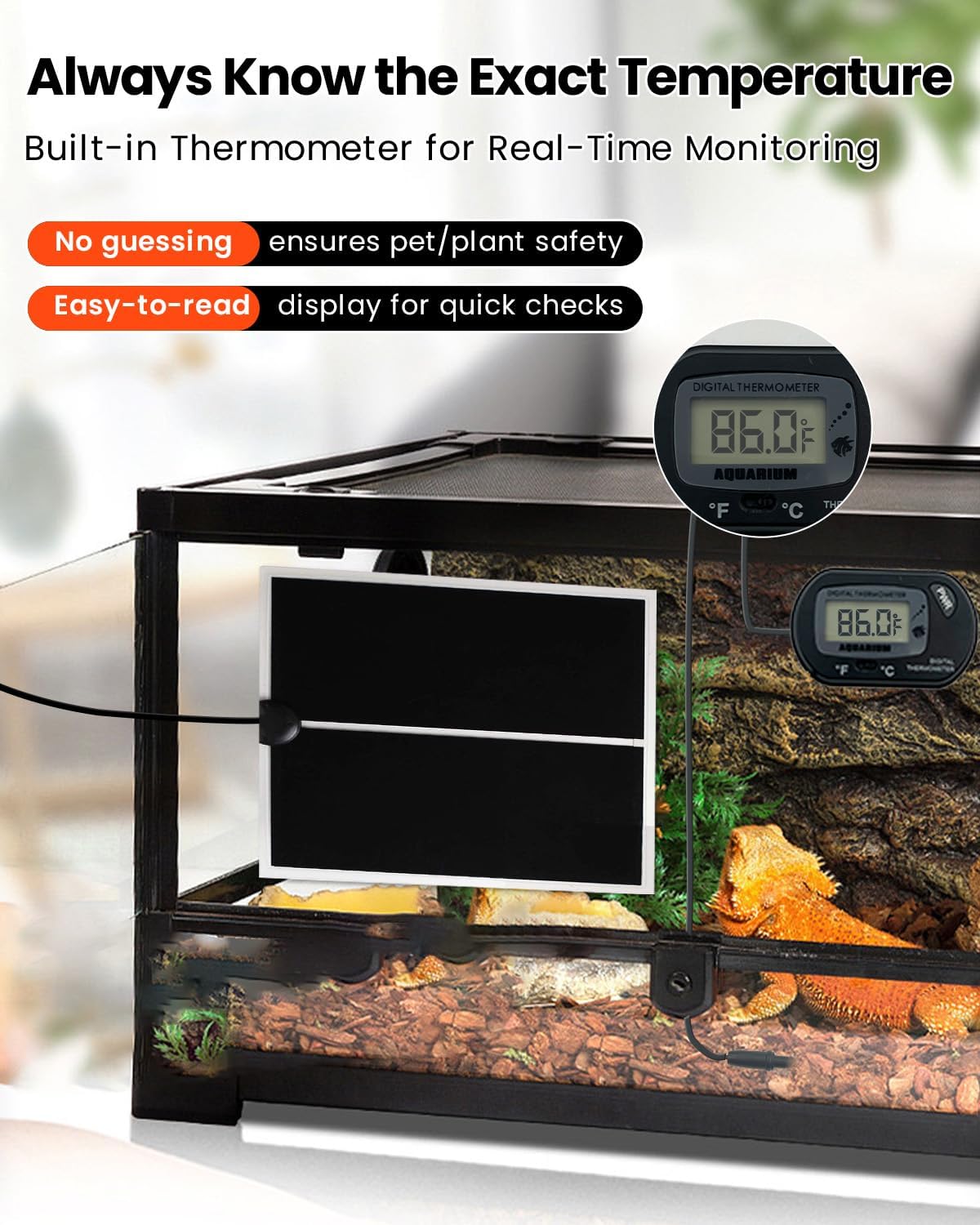 MQ Reptile Terrarium Heat Pad with LCD Digital Aquarium Thermometer, 5.5 x 6in Power Adjustment