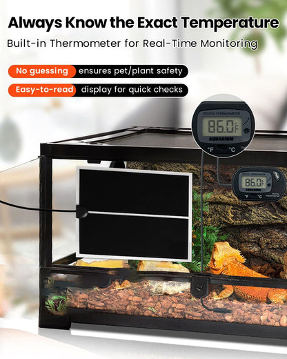 MQ Reptile Terrarium Heat Pad with LCD Digital Aquarium Thermometer, 5.5 x 6in Power Adjustment