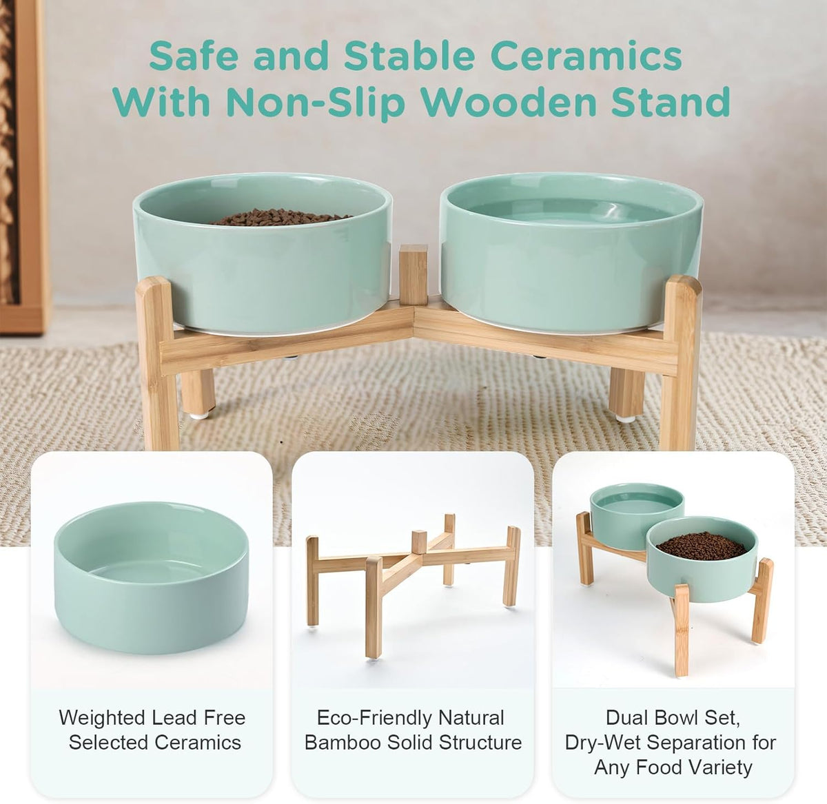 SPUNKYJUNKY Elevated Dog Bowls Ceramic, 7.3'' Dogs Food Water Bowls Raised with Non-Slip Bamboo