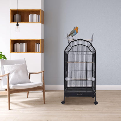 40-Inch Wrought Iron Bird Cage with Open-Top and Rolling Stand, Movable Parrot Cage Pet Bird Flight