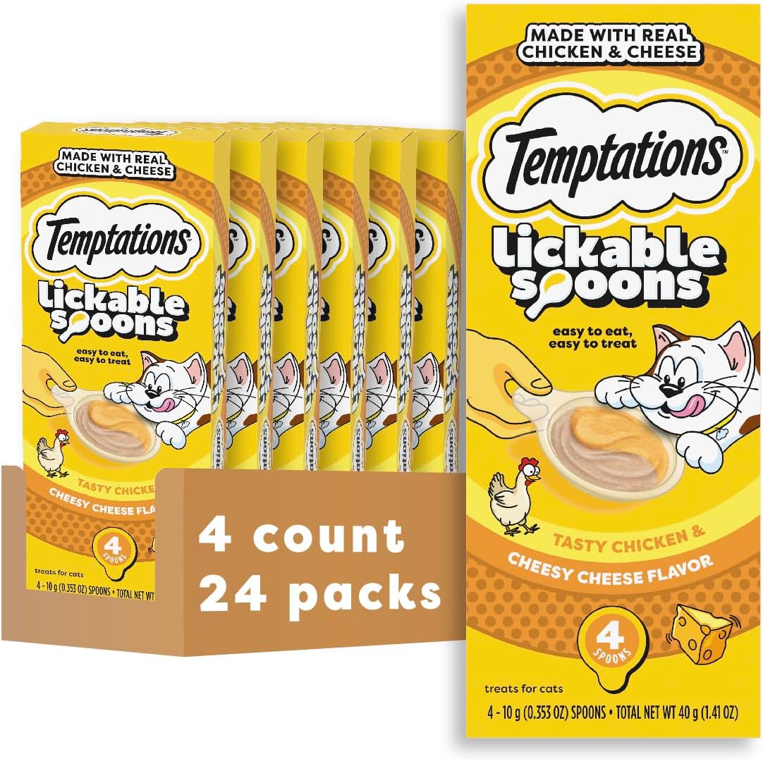 Temptations Lickable Spoons Adult Wet Cat Treat, Tasty Chicken and Cheesy Cheese Flavor, 4 Spoons