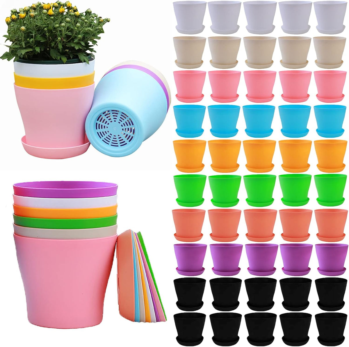 50 Pack 4 Inch Plant Pots Bulk Small Plastic Planters Pots with Drainage Holes Flower Pot for