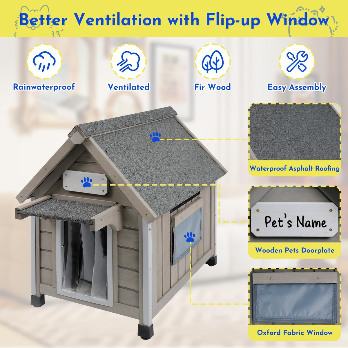 Outdoor Dog House Weatherproof Large Wooden Dog Kennel Indoor for Small Dogs with Chew-Proof Frame