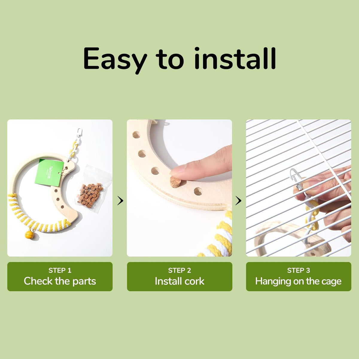 Natural Bird Swing - Moon-Shaped Parrot Perch with Bell and Cork Toys, Spinning Wooden Stand for