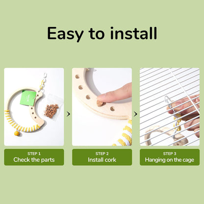 Natural Bird Swing - Moon-Shaped Parrot Perch with Bell and Cork Toys, Spinning Wooden Stand for