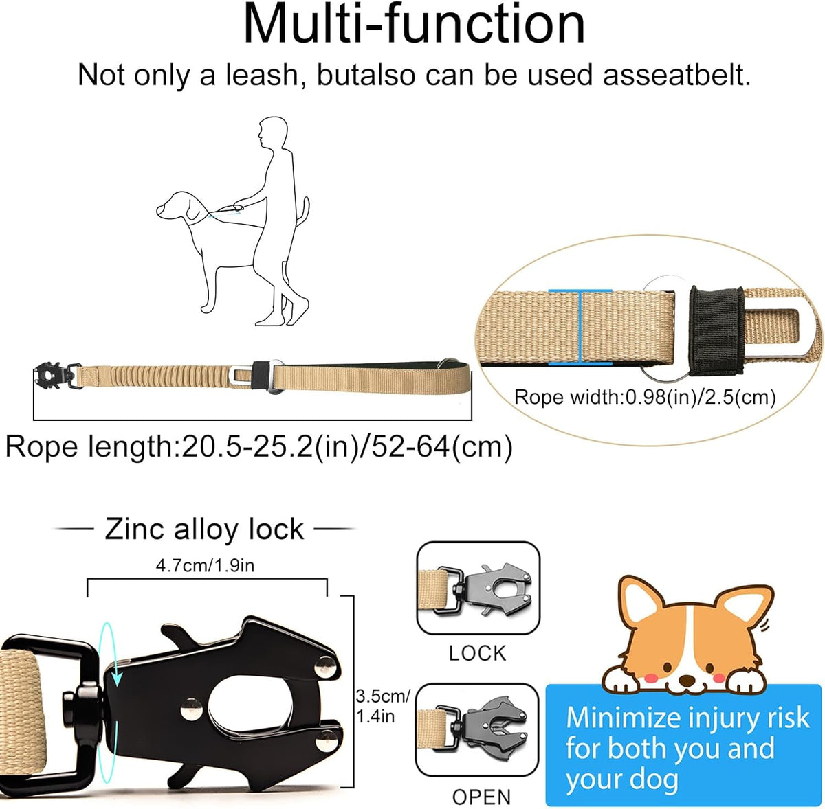 20” Strong Short Leash for Dog, Heavy Duty Bungee Dogs Leash with Padded Handle Car Seatbelt, Small