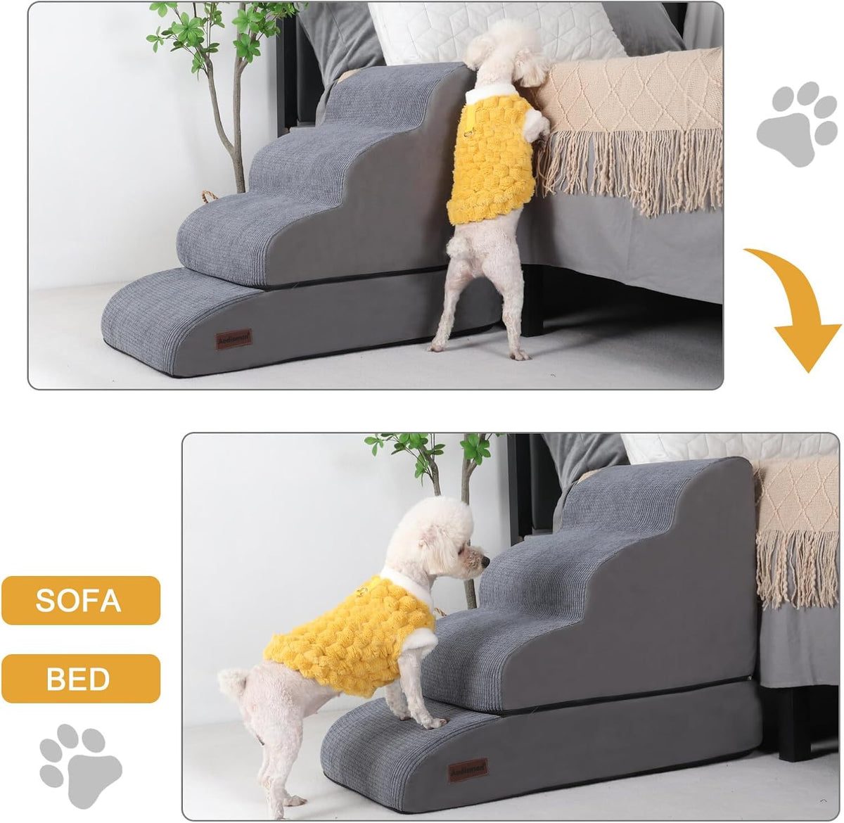 4-Step Dog Stairs and Ramp for Beds or Couches – Non-Slip Sturdy Pet Steps for Small Dogs and