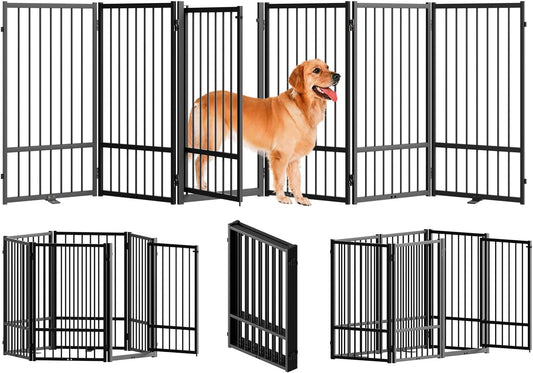 Full Metal Freestanding Dog Gate with Door, 32''Height Foldable Pet Dog Fence for Indoor & Outdoor