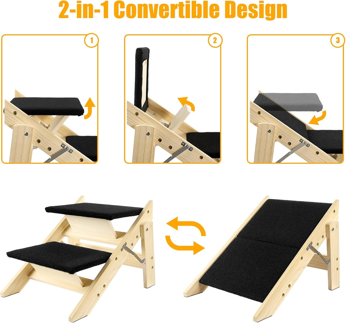 Foldable Dog Stairs/Ramp with 2 Steps - Durable Wooden Pet Stairs for Small, Medium, Large Dogs