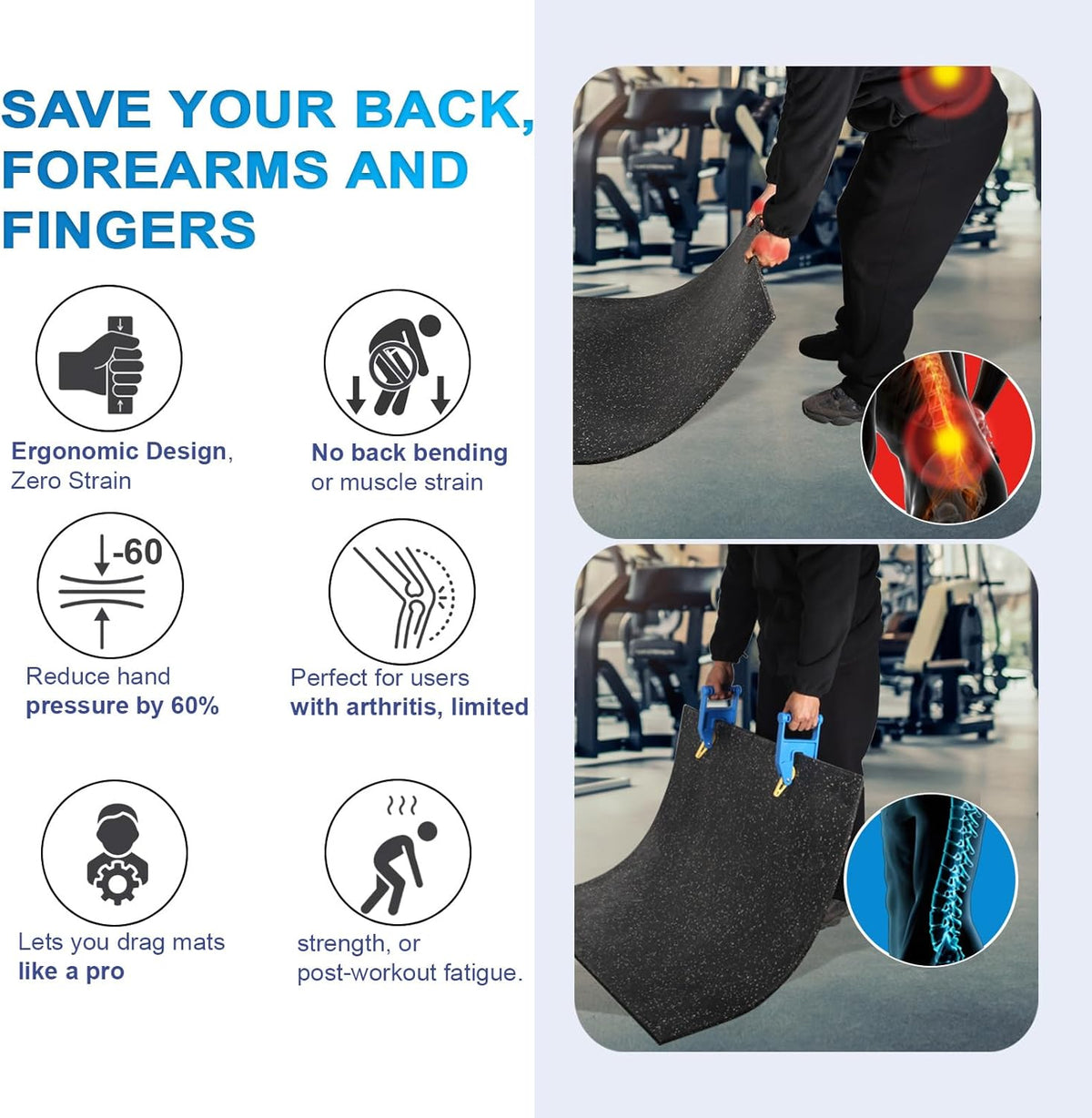 Heavy Duty Stall Mat Grippers - Pair of 2 Mat Movers Tool for Horse Stalls, Gym, Barn, and Trailer