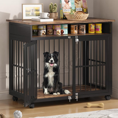 39.4" Dog Crate Furniture for Medium and Large Breed, Dog Kennel Furniture with Storage Shelf &