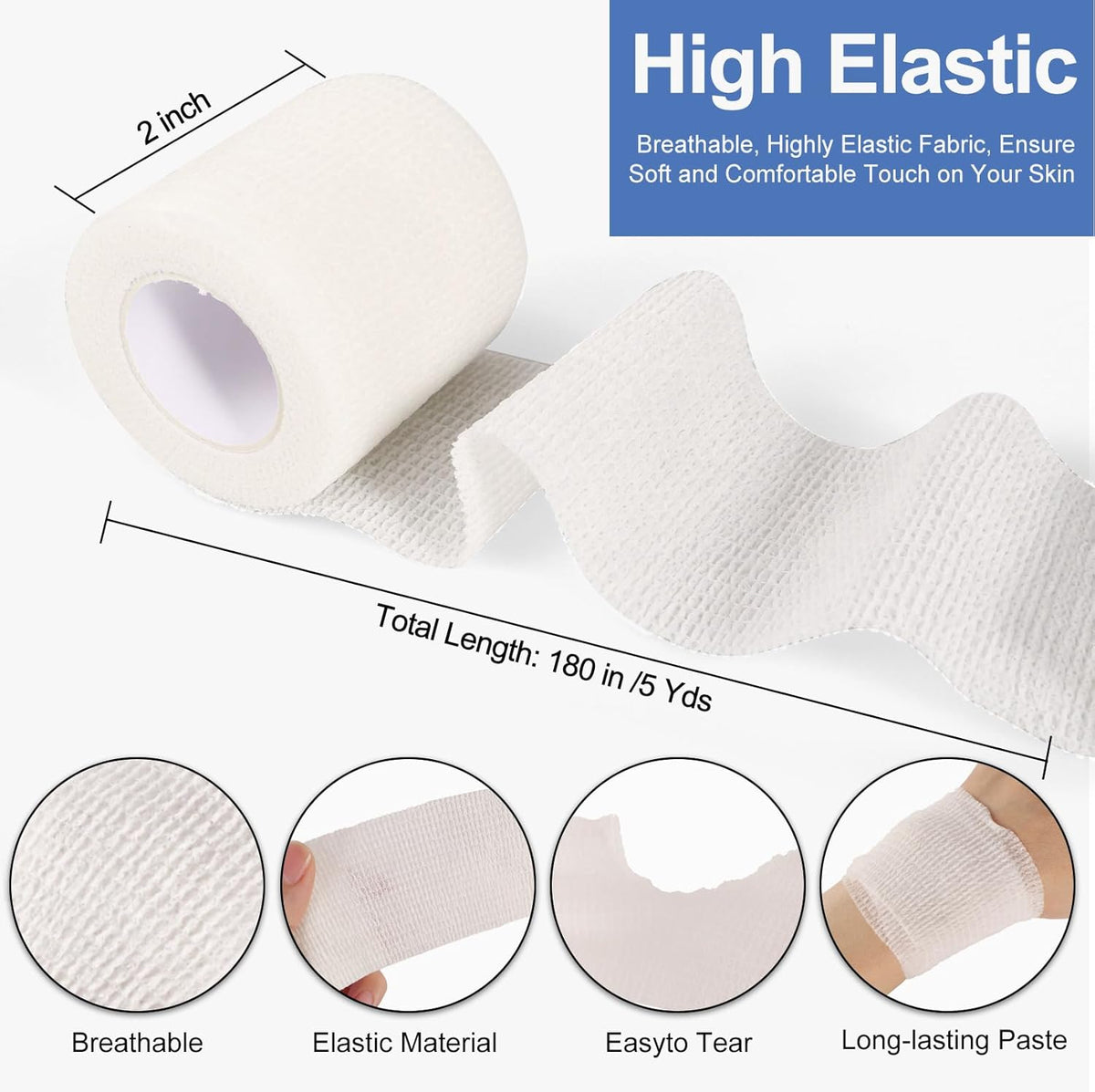 24 Pack White Self Adhesive Bandage, 2” x 5 Yards Medical Wrap, Cohesive Bandage Wrap, White Tape