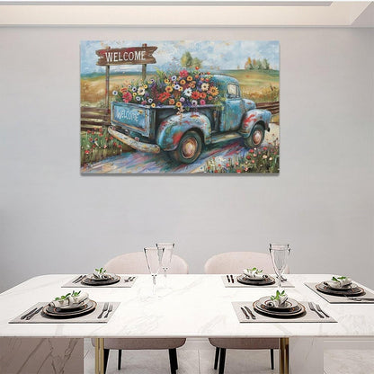 Farmhouse Truck Wall Art Rustic Country Wildflowers Wall Decor Road Flowers Landscape Pictures