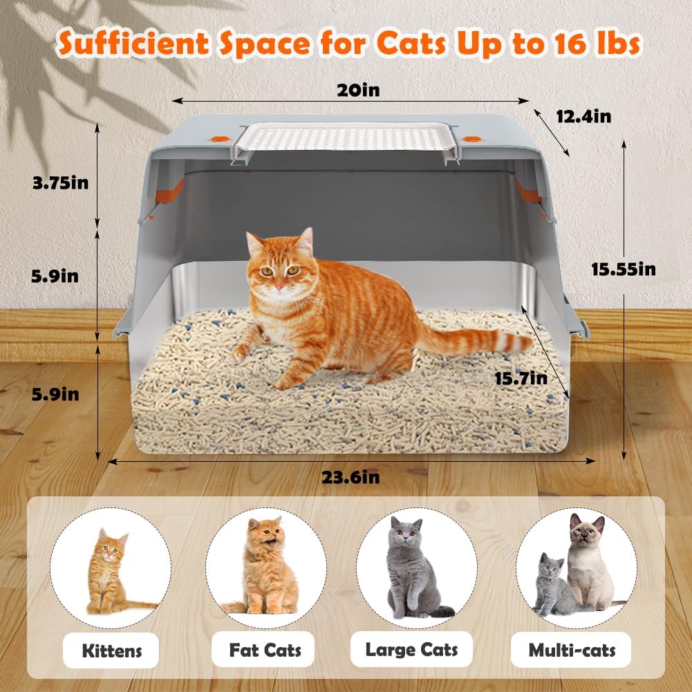 Vivifying Stainless Steel Litter Box with Lid, XL Side Entry Extra Large Litter Box for Big Cats &