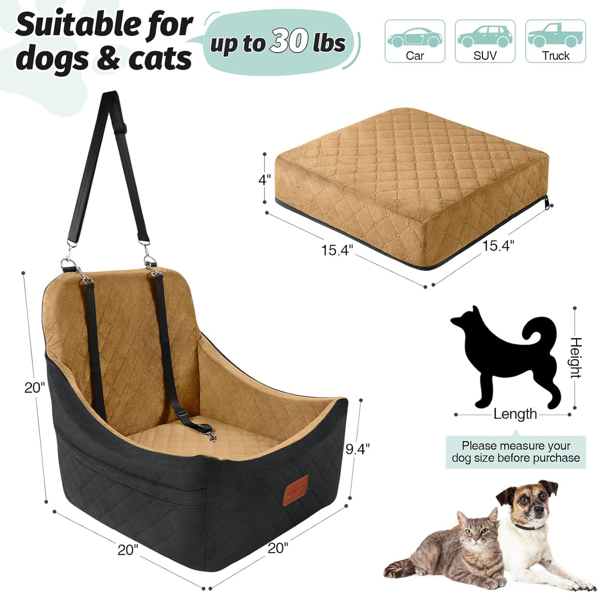 Dog Booster Car Seat for Up to 35lbs Pets,Easy to Install,Fully Detachable and Washable,Anti-Slip