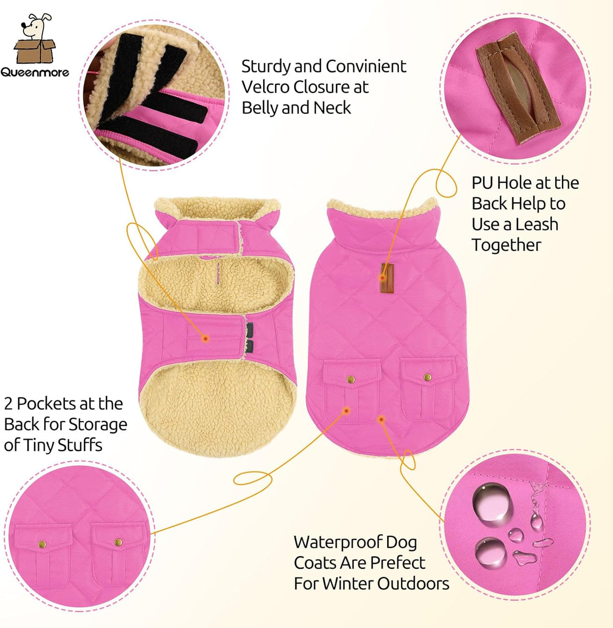 Queenmore Dog Winter Coat - Fleece Jacket, Waterproof Cold Weather Clothes, Thick Warm Cotton