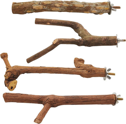 4 Pcs Natural Wooden Bird Perch Parrot Stand, 2 Grape Wood Perches, A Stand Fork Standing Branch, A