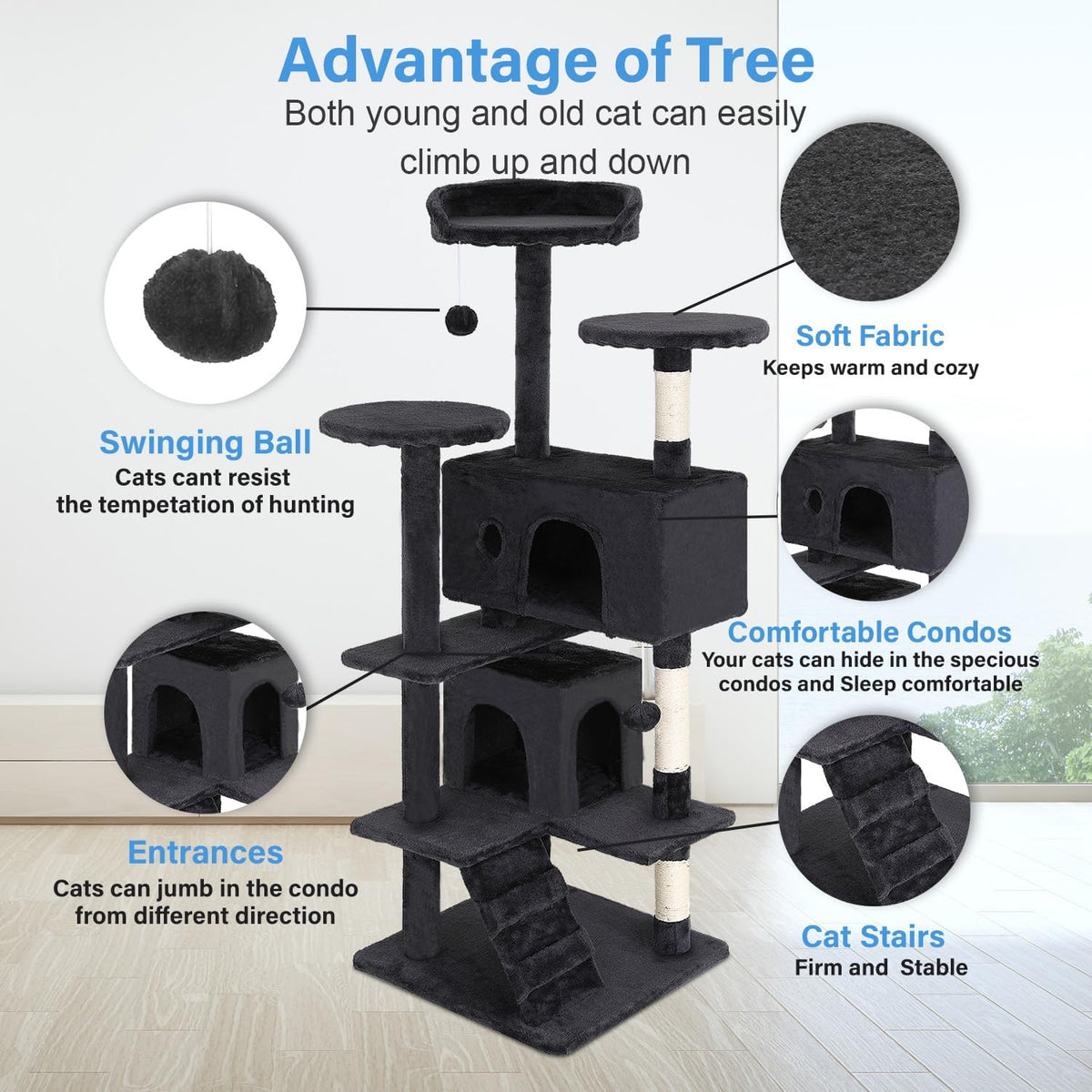 FDW Cat Tree 54in Cat Tower Multi-Level Durable Cat Scratching Post & Cozy Fun Cat Jumping Platform