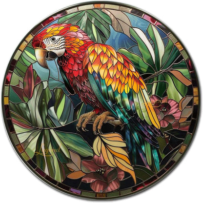 Lygond Metal Sign Tin Sign Circular Stained Glass Parrot Funny Outdoor Decor for Restaurant 12×12