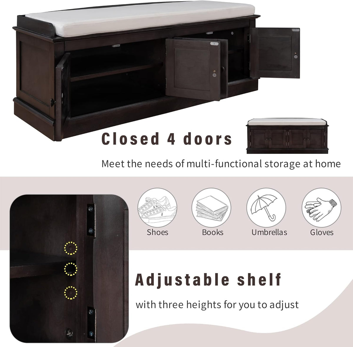 Shoe Storage Bench with 4 Doors and Adjustable Shelves, Shoe Bench with Removable Cushion for