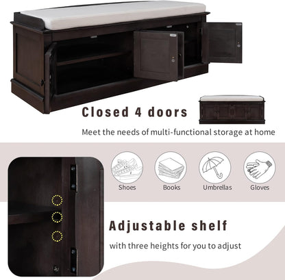 Shoe Storage Bench with 4 Doors and Adjustable Shelves, Shoe Bench with Removable Cushion for