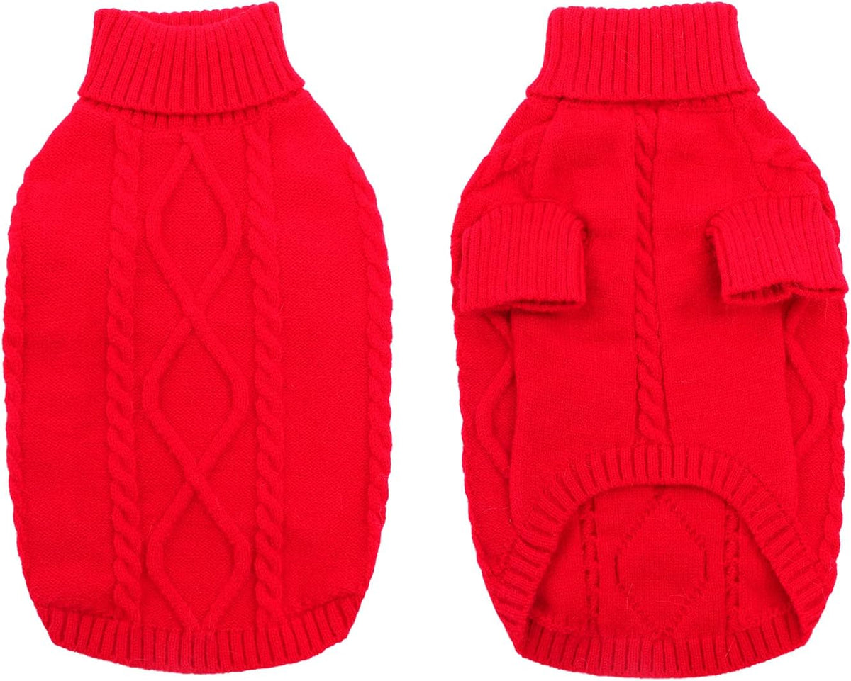 Queenmore Small Dog Pullover Sweater, Cold Weather Cable Knitwear, Classic Turtleneck Thick Warm