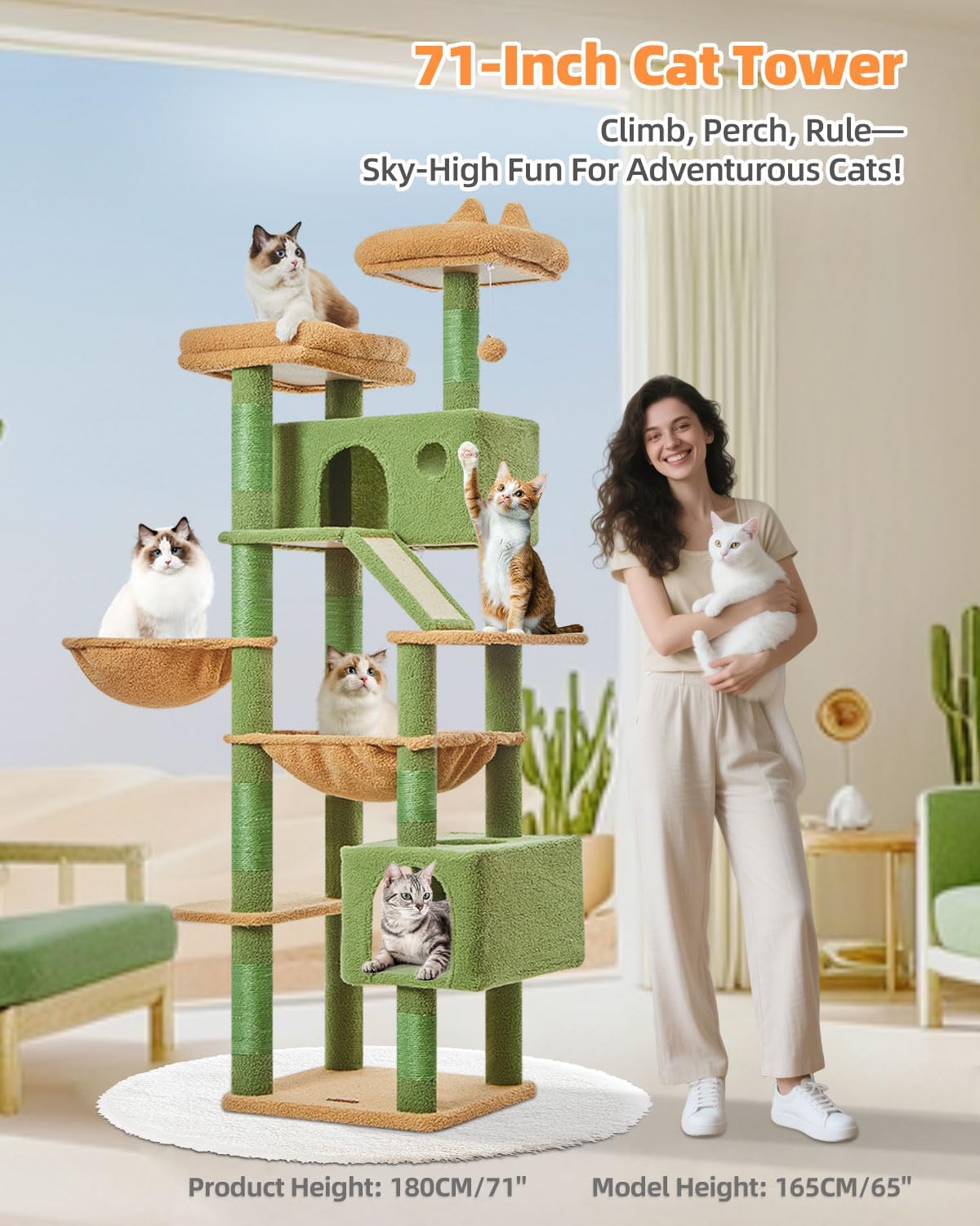 Taoqimiao Cactus Cat Tree, 71-Inch Cat Tower for Indoor Cats Large Adult, Multi-Level Large Cat